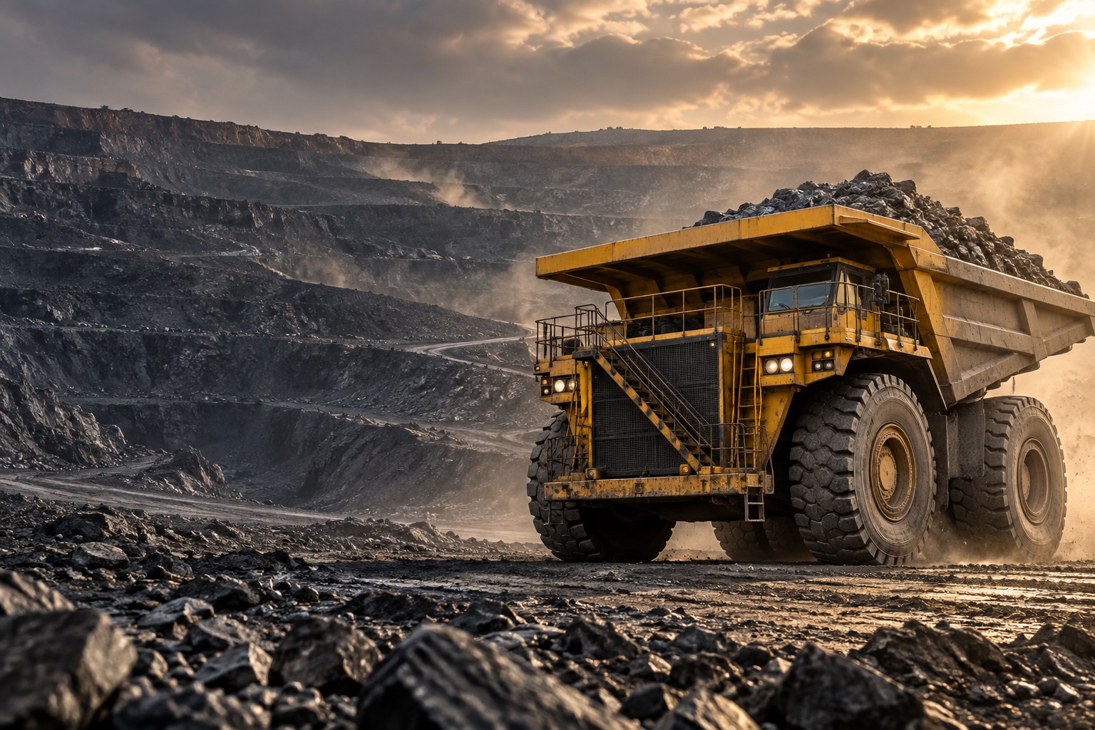 Yellow mining haul truck in a dramatic open-pit quarry